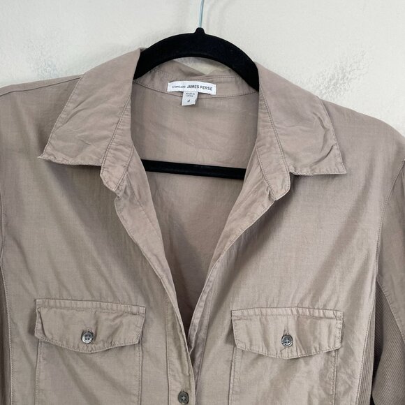 James Perse 4 Womens XL Button Up Side Panel Shirt 100% Pima Cotton Tan Blouse - Picture 2 of 9